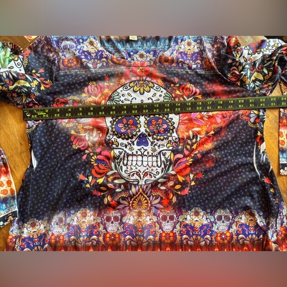 One World Tunic Top XL Sugar Skull Rhinestone Halloween 3/4 Sleeve Fall High Low - Picture 2 of 11